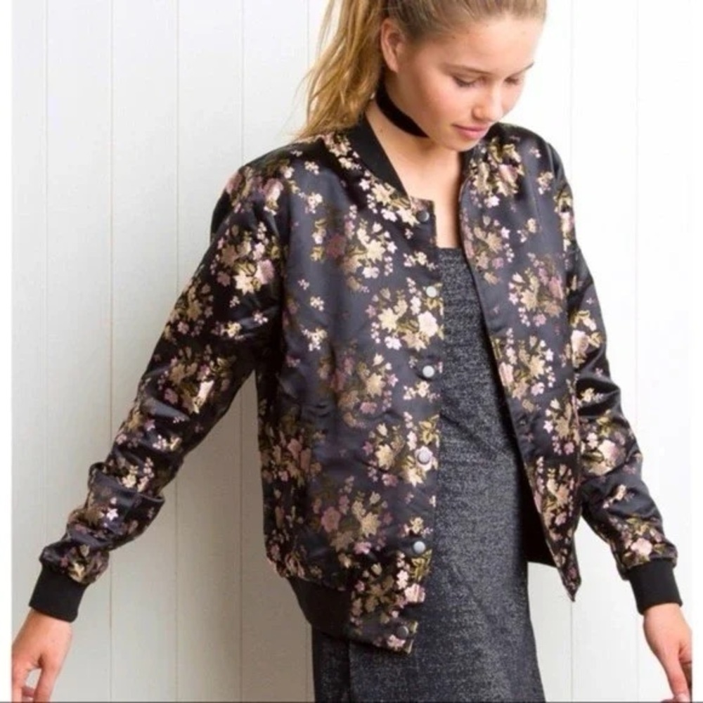 Floral Satin Bomber Jacket - Black/Pink